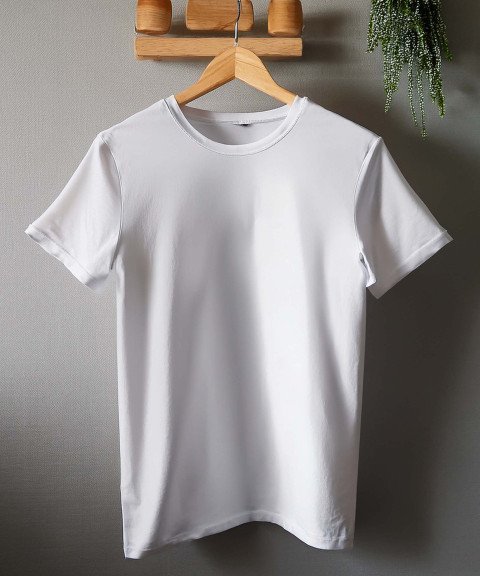 White T Shirt Mockup on Wooden Hanger