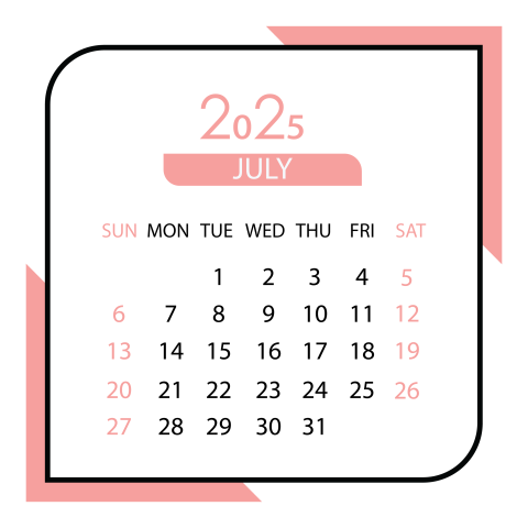 July month calendar 2025 png free download
